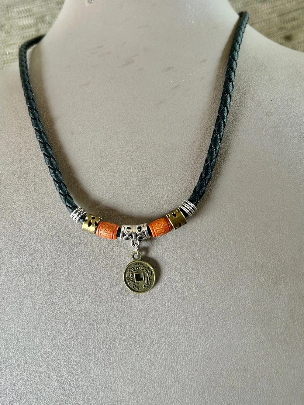 Men's Black Braided Leather Necklace with Brass Pendant